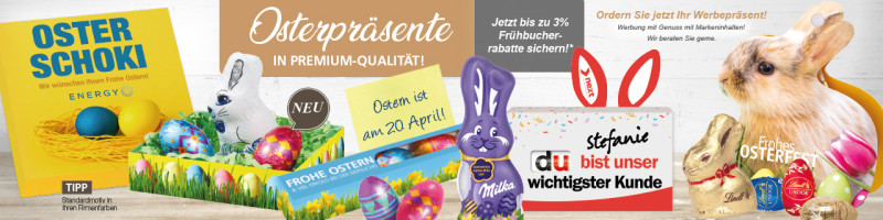 Werbeartikel für Ostern mit Logo bedrucken - Auswahl an personalisierbaren Ostergeschenken von gba Werbeartikel